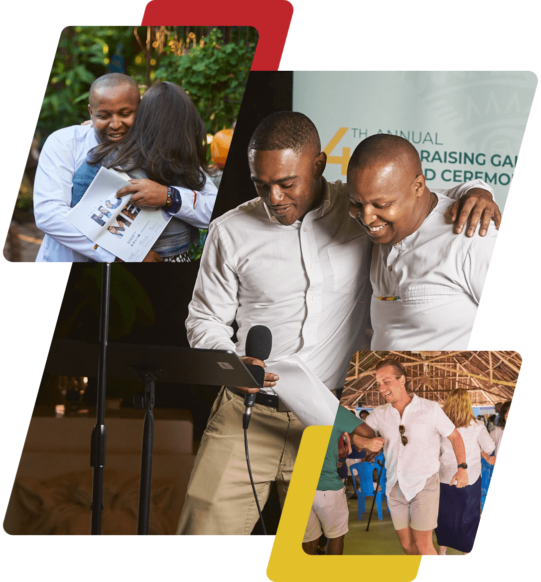collage of Mwangi with speaker and hugging someone